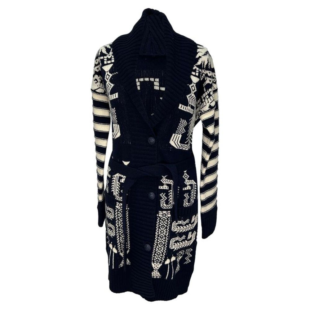 Etro Jacquard Belted Cardigan in Navy Blue Wool